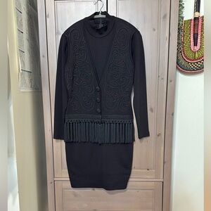 VINTAGE wool designer sweater dress tassel midi vest attached embroidered